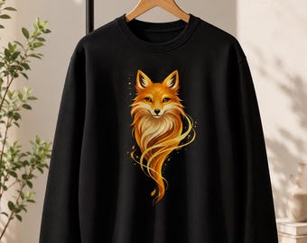 Golden Fox Sweatshirt, Unisex Black Crewneck, Japanese Inspired Streetwear, Minimalist Fox Graphic, Cozy Gift for Her