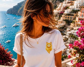 Mini Golden Cat T-Shirt, Bella Canvas 3001 Tee, Cat Spirit Shirt, Japanese Inspired Tee, Fantasy Animal Shirt, Minimalist Graphic Tee
