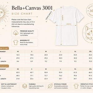 Bella Canvas 3001 unisex T-shirt size chart with garment measurements and sizing information.