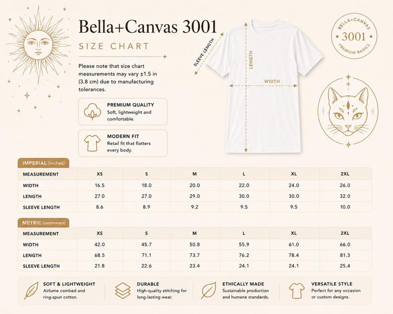 Bella Canvas 3001 unisex T-shirt size chart with garment measurements and sizing information.