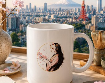 Sakura Spirit Mug, White Ceramic Mug, Kitsune Cherry Blossom Cup, Japanese Kimono Mug, Elegant Gift Mug, 11oz Coffee Cup