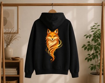 Golden Fox Hoodie, Unisex Back Print Pullover, Japanese Streetwear, Spiritual Fox Graphic, Oversized Cozy Gift
