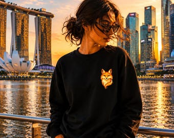 Mini Golden Fox Sweatshirt, Small Chest Print, Black Unisex Crewneck, Fox Spirit Sweatshirt, Mystical Gift