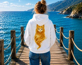 Golden Spirit Cat Hoodie White, Unisex Back Print Hoodie, Spiritual Cat Hoodie, Mystical Fantasy Hoodie, Japanese Streetwear