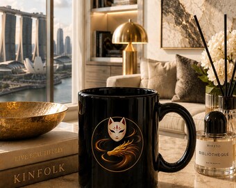Kitsune Dragon Mug, Black Ceramic Mug, Golden Dragon Spirit Cup, Japanese Mystical Mug, Luxury Gift Mug, 11oz Coffee Cup