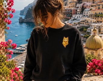 Mini Golden Cat Sweatshirt, Black Unisex Crewneck, Cat Spirit Sweatshirt, Mystical Animal Design, Fantasy Graphic Gift