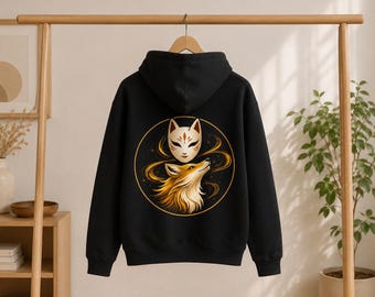 Kitsune Fox Hoodie, Japanese Streetwear, Back Print Hoodie, Fantasy Hoodie, Black Fox Graphic Hoodie, Fox Lover Gift