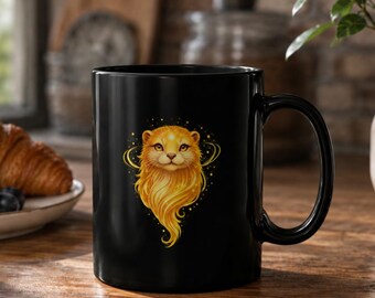 Mini Golden Otter Black Mug, Ceramic Mug, Otter Coffee Cup, Spirit Animal Mug, Mystical Otter Mug, Japanese Inspired Mug, 11oz Gift Mug