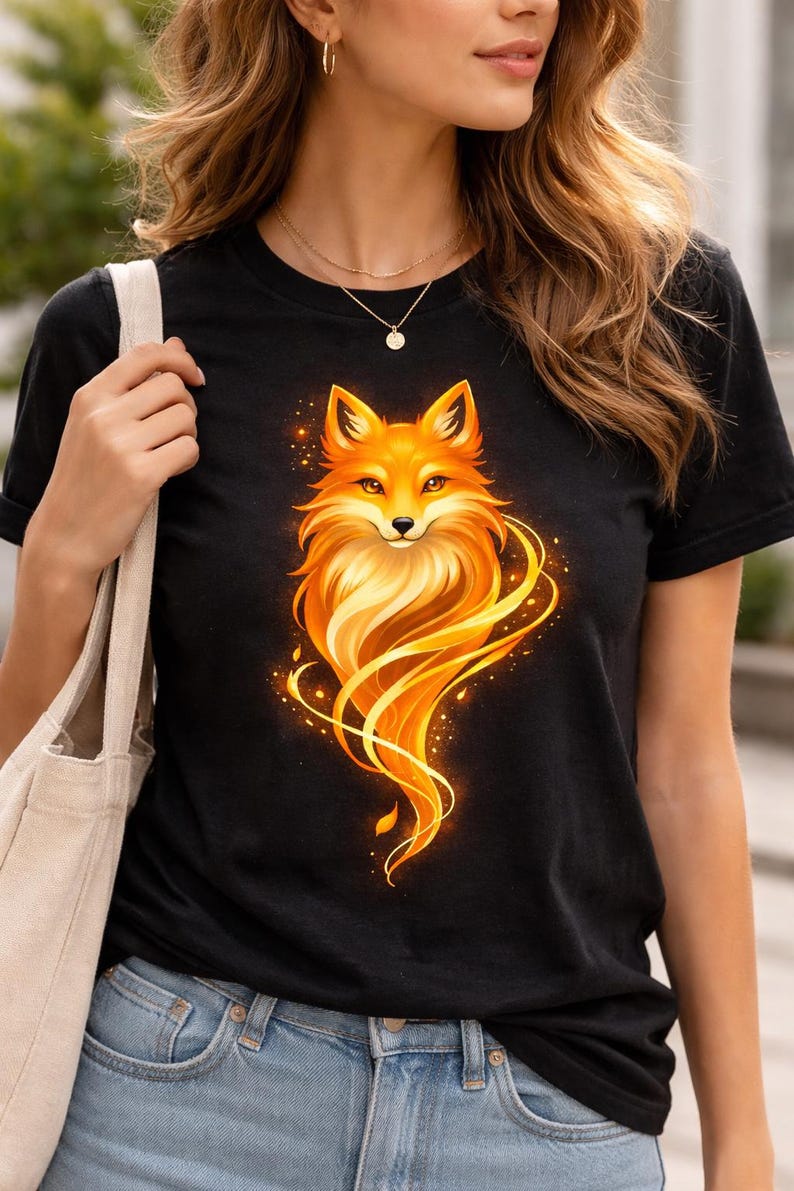 Woman wearing a black Golden Fox graphic tee with a large orange and gold fox artwork centered on the chest.