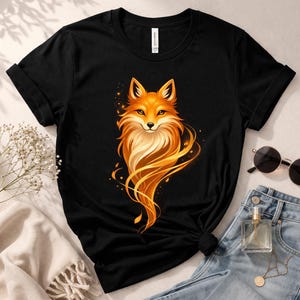 Black Japanese-inspired graphic tee featuring a large mystical golden fox illustration with flowing tail lines.