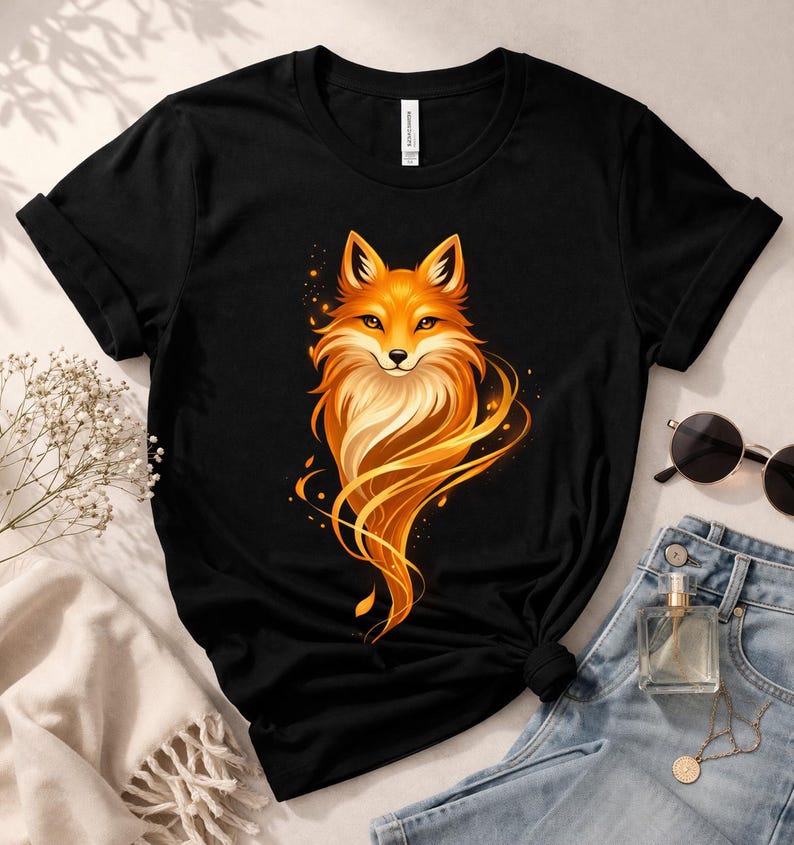 Black Japanese-inspired graphic tee featuring a large mystical golden fox illustration with flowing tail lines.