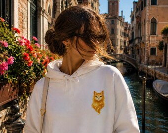 Mini Golden Cat Hoodie, White Unisex Hoodie, Cat Spirit Hoodie, Fantasy Animal Hoodie, Japanese Inspired Hoodie, Minimalist Graphic