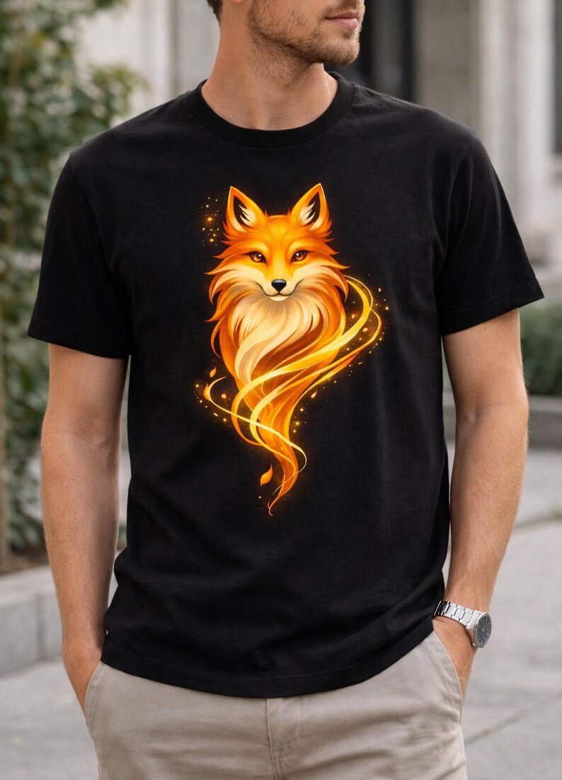 Man wearing a black unisex fox graphic T-shirt with a bold golden fox design printed on the front.