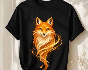 Golden Fox T-Shirt, Unisex Graphic Tee, Japanese Inspired Design, Spiritual Fox Gift, Black Aesthetic Clothing