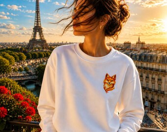 Mini Golden Fox Sweatshirt, Small Chest Print, White Unisex Crewneck, Fox Spirit Sweatshirt, Japanese Inspired Gift