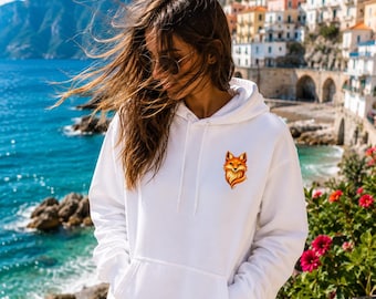 Mini Golden Fox Hoodie, Small Chest Print, White Unisex Hoodie, Fox Spirit Hoodie, Japanese Inspired Streetwear, Minimalist Gift