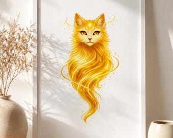 Golden Spirit Cat Art Print White, Cat Wall Art, Minimalist Cat Poster, Spiritual Cat Artwork, Japanese Inspired Decor, Premium Matte Print