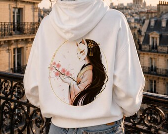 Sakura Spirit Hoodie, White Back Print Hoodie, Cherry Blossom Hoodie, Kitsune Maiden Hoodie, Japanese Inspired Streetwear
