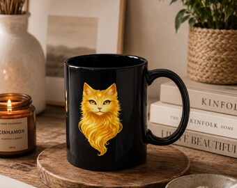 Golden Cat Mug Black, Cat Coffee Cup, Spirit Animal Mug, Mystical Cat Mug, Japanese Inspired Mug, 11oz Gift Mug