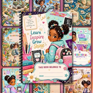 Könnte beinhalten: Ein spiralgebundenes Notizbuch mit einer Cartoon-Illustration eines Kindes mit dunklen Locken in zwei Dutts, das einen türkisfarbenen Kapuzenpullover und einen rosa Rucksack trägt. Der Einband zeigt den Text Learn Inspire Grow Shine.
