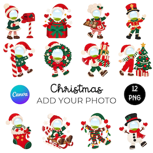 May include: A set of 12 Christmas-themed character illustrations with blank face areas for photo insertion. Characters include figures with a mailbox, gift box, cookies, nutcracker, candy cane, wreath, presents, tree, stocking, sled, lights, and snowman.