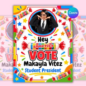 May include: A campaign poster featuring a circular photo of a person in a black suit and tie. The text reads Hey SMARTIES VOTE Makayla Vitez Student President. The design includes colourful Smarties candy graphics, stars, and abstract shapes.