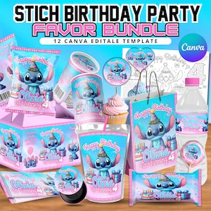 Pode incluir: Um conjunto digital de lembrancinhas de festa de aniversário com gráficos do Stitch, incluindo sacos de batatas fritas, rótulos de garrafas, topos de cupcake e sacos de presente. Os designs exibem o texto "Happy Birthday" e "Olivia Is Turning 4".