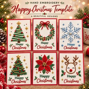 Könnte beinhalten: Sechs Handstickvorlagen mit Weihnachtsmotiven auf weißen Karten mit rotem Rand. Die Designs zeigen einen Baum, einen Kranz, eine Schneeflocke, einen Weihnachtsstern und ein Rentier. Text: Hand Embroidery Happy Christmas Template 6 Beautiful Designs.