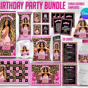 May include: A birthday party bundle featuring Canva editable templates with a leopard print and pink theme. Includes a banner, chip bag, party hat, water bottle label, game cards, menu, and signage, all displaying the text Scorpio SZN.