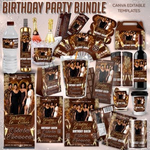 May include: A collection of birthday party templates featuring a brown and gold color scheme with the text Waiting to Exhale Birthday Queen Olivia Thomson. The set includes labels for water bottles, wine bottles, snack bags, and party favors.