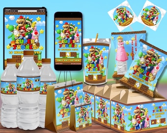 Puede incluir: Un paquete de fiesta de cumpleaños Super Jhon's que incluye una tablet, un smartphone, tres botellas de agua con etiquetas, dos pegatinas redondas, una bolsa de zumo, dos bolsas de snacks y dos bolsas de regalo, decoradas con personajes.