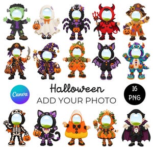 May include: A collection of 16 digital Halloween-themed character illustrations featuring empty face cutouts for photo insertion. Characters include a monster, ghost, spider, devil, scarecrow, pirate, witch, pumpkin, bat, skeleton, cat, and vampire.