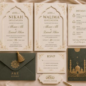 Elegant Muslim Wedding Invitation Card Bundle | Luxury Nikah & Walima Stationery Mockup
