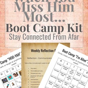 Może przedstawiać: Plik PDF do wydruku zatytułowany "When You Miss Him Most... Boot Camp Kit". Obraz zawiera trzy arkusze: grę w stylu bingo, arkusz refleksji i listę kontrolną "I'm Alive". Tło jest teksturowane i jasnoróżowe.