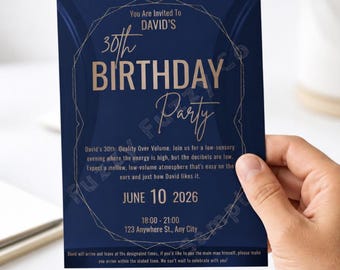 30th Birthday Invitation, Low-Sensory Adult Party, Geometric Gold Navy (Digital Download)