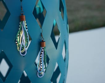 Beaded Loop Earrings, Green and Blue