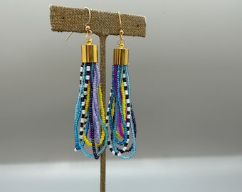 Beaded Loop Earrings, Multicolor Neon Blue Pink and Yellow