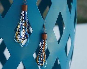 Beaded Loop Earrings, Gold and Blue
