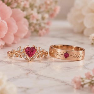 May include: A rose gold ring set featuring a heart-shaped red gemstone centerpiece surrounded by small clear stones on a leaf-patterned band, alongside a matching rose gold band with an engraved leaf design and a small embedded red heart stone.