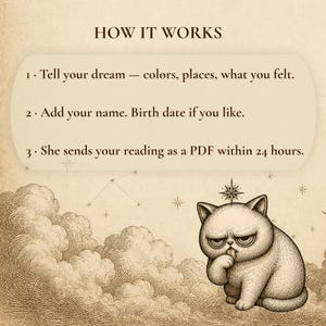 K&ouml;nnte beinhalten: Eine beige Infografik mit dem Titel HOW IT WORKS und drei Schritten: 1. Tell your dream &mdash; colors, places, what you felt. 2. Add your name. Birth date if you like. 3. She sends your reading as a PDF within 24 hours. Mit einer Katzenzeichnung.
