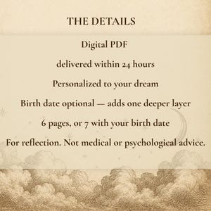 K&ouml;nnte beinhalten: Ein digitales PDF-Dokument mit dem Titel THE DETAILS, das Text auf einem cremefarbenen Hintergrund mit einer Wolken- und Mondillustration zeigt. Der Text beschreibt Spezifikationen wie Seitenzahlen, Lieferzeit und einen medizinischen Haftungsausschluss.