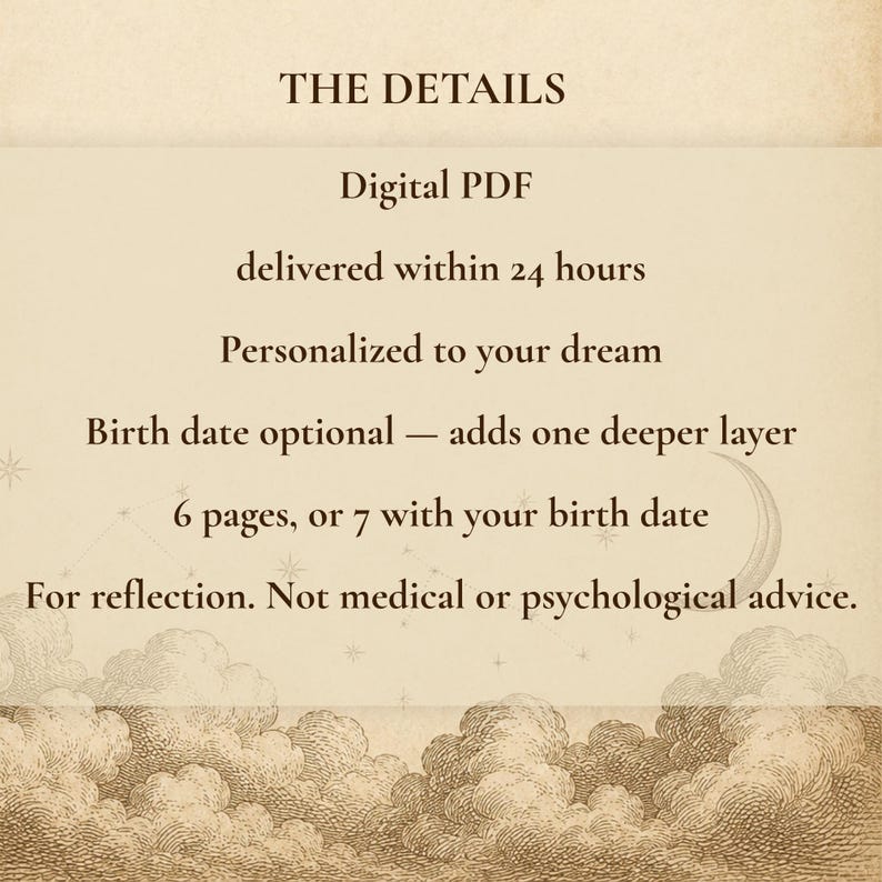 K&ouml;nnte beinhalten: Ein digitales PDF-Dokument mit dem Titel THE DETAILS, das Text auf einem cremefarbenen Hintergrund mit einer Wolken- und Mondillustration zeigt. Der Text beschreibt Spezifikationen wie Seitenzahlen, Lieferzeit und einen medizinischen Haftungsausschluss.