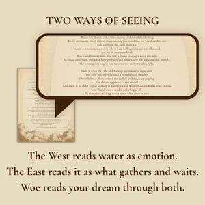 K&ouml;nnte beinhalten: Ein beigefarbener Druck mit dem Titel TWO WAYS OF SEEING, der eine gro&szlig;e Sprechblase mit Text &uuml;ber Wasser in Tr&auml;umen enth&auml;lt. Unter der Sprechblase steht der Text: The West reads water as emotion. The East reads it as what gathers and waits. Woe reads your dream through both.