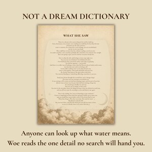 K&ouml;nnte beinhalten: Ein rechteckiger Druck auf gealtertem Papier mit dem Titel NOT A DREAM DICTIONARY oben und WHAT SHE SAW &uuml;ber einem Textblock. Der untere Teil zeigt detaillierte Illustrationen von Wolken und einer Mondsichel auf beigem Hintergrund.