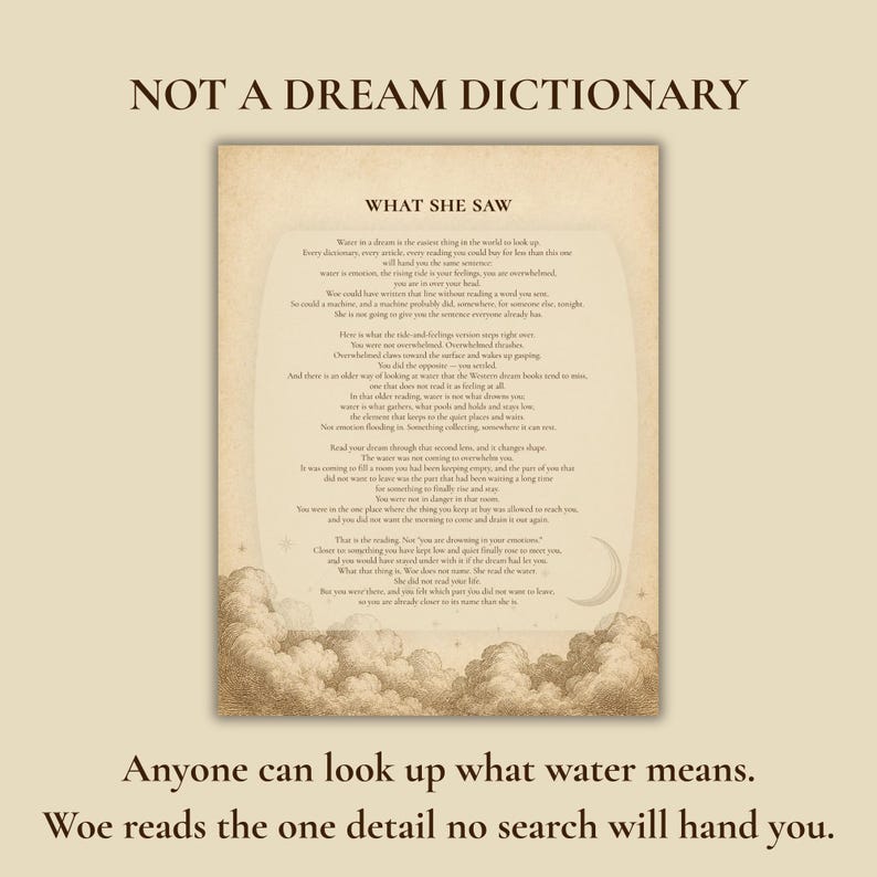 K&ouml;nnte beinhalten: Ein rechteckiger Druck auf gealtertem Papier mit dem Titel NOT A DREAM DICTIONARY oben und WHAT SHE SAW &uuml;ber einem Textblock. Der untere Teil zeigt detaillierte Illustrationen von Wolken und einer Mondsichel auf beigem Hintergrund.