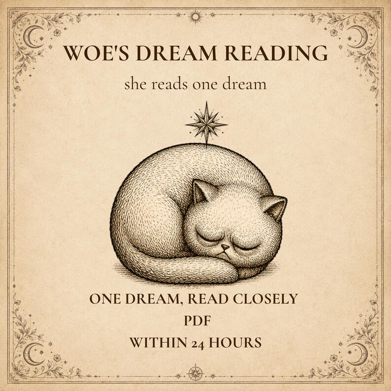 K&ouml;nnte beinhalten: Eine beige Grafik mit einer schlafenden Katze und einem Stern dar&uuml;ber, umrahmt von dekorativen Ecken. Der Text lautet: WOE'S DREAM READING, she reads one dream, ONE DREAM, READ CLOSELY, PDF, WITHIN 24 HOURS. Dunkelbraune Tinte auf Pergament.