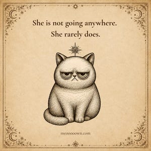 K&ouml;nnte beinhalten: Ein beigefarbener Druck mit einer m&uuml;rrischen Katze, einem Stern &uuml;ber dem Kopf und himmlischen Motiven im Rahmen. Der Text lautet: She is not going anywhere. She rarely does. Unten steht die Website meooooown.com in einer schlichten Schrift.