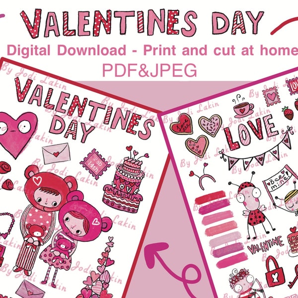 Valentines Day Printables, Digital Download, Cute, Kawaii, Love, Husband, Wife, Hearts, Stickers, Collage Sheets, PDF, Journal Accessories