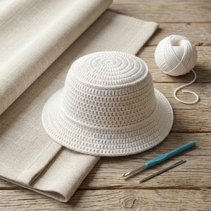 Puede incluir: Un sombrero de pescador blanco tejido a ganchillo con ala ancha descansa sobre un paño de lino beige. Una madeja de hilo blanco y dos ganchillos están junto al sombrero. El sombrero es artesanal y tiene una apariencia texturizada.