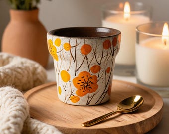 Taza de cerámica Yellow Blossom, vaso de té japonés Wabi Sabi, taza de espresso floral naranja moteada, taza de cerámica sin asa, regalo para baristas